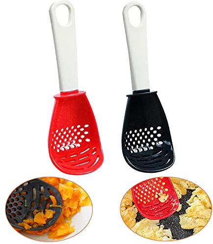 Multifunctional Cooking Spoon, 2 Pcs Cooking Spoon Skimmer Scoop Slotted Spoon Non-toxic, Heat-resistant, Colander Strainer Grater Masher for Draining, Cooking, Grinding (Black Red)