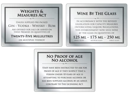 Mileta Weights & Measures Act 25ml Sign Wine by the Glass 125ml 175ml 250ml - Pack of 3 Signs, Silver, 210 x 148mm