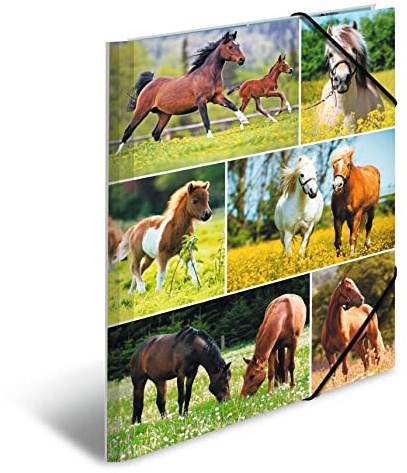 HERMA Sammelmappen A4 Pferde Set, 3 Stück, Kinder Eckspanner-Mappen aus Pappe mit Tier Motiv, Gummizug, Innenklappen und Innendruck für Jungen und Mädchen