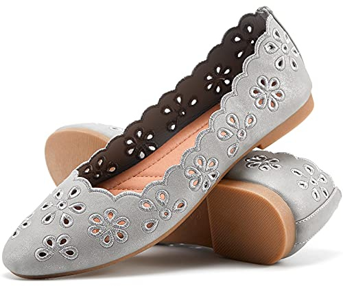 FRACORA Women's Ballet Flats Black PU Leather Dress Shoes Comfortable Round Toe Slip on Flats with Breathable Eyelets, Grey, 2 UK