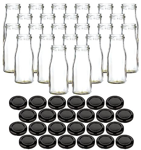 gouveo 24er Set Glasflasche 150 ml Smoothie mit Schraub-Deckel schwarz - Kleine Saftflasche 0,15 l mit TO43 Verschluss - Leere Flasche ideal zum Befüllen mit Saft und Smoothies