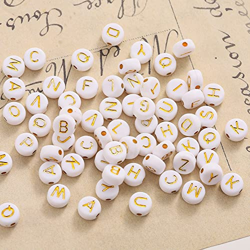 YIEUR 1000 Stück Buchstaben Perlen A-Z weiß gold, 7mm Buchstabenperlen Alpha Acryl mit Loch zum Auffädeln für Armbänder Halsketten Schmuckherstellung (weiß)