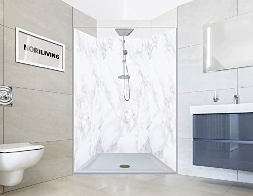 NORILIVING Duschrückwand Fliesenersatz Dusche 90x200 cm Motiv Marmor weiß | Duschwand ohne Bohren 3 teilig | Wandverkleidung Bad Aluverbundplatte 3 mm