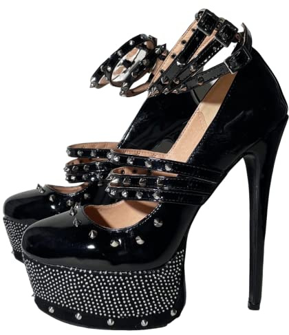 Frankie Hsu Sexy Stiletto Rivet Platform Pumps, Classic Black Faux Patent Leather Fashion Strass Scarpe con tacco alto, Big Large Size Designer Gem Metallic Spike Ankle Straps per donne uomini