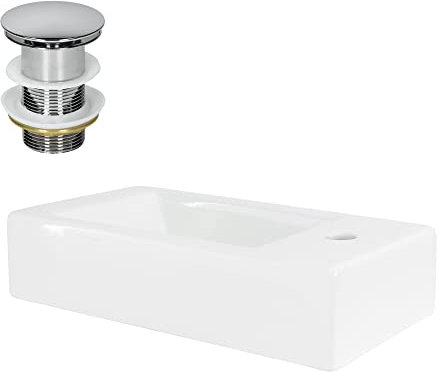 ML-Design Waschbecken aus Keramik in Weiß 46x26x11 cm Eckig, klein, Hahnloch rechts, inkl. Ablaufgarnitur, Wandmontage/Aufsatzwaschbecken, Moderne Hängewaschbecken Waschtisch Waschschale Waschplatz