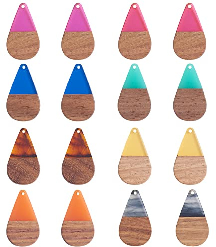 COGCHARGER 16 Stück Walnussholz-Charm-Anhänger in Tropfenform aus Holz mit Folie im Inneren, gemischte Farben für Schmuck, Ohrringe, Basteln