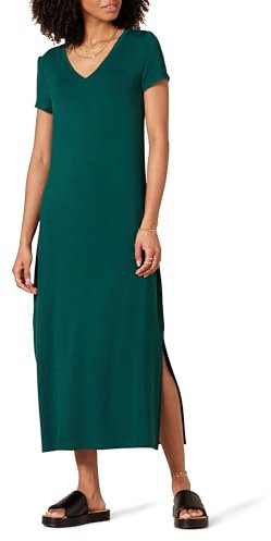 Amazon Essentials Vestido Midi de Punto de Manga Corta con Escote en Pico Mujer, Verde Oscuro, XS