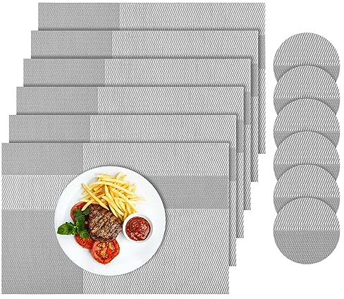 FANTESI Placemats and Coasters Set of 6,Table Mats PVC Woven Insulated Table Place Mats and Coasters for Home Indoor Outdoor Placemats(Grey)