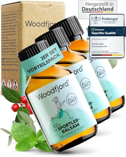 WOODFJORD Saunaaufguss Sportlerbalsam BIO 3 x 100 ml I Mit Wintergrünöl I Premium Sauna Aufgussmittel für nachhaltige Saunaerlebnisse I Saunaöl und Saunaduft I Revitalisierend und entspannend