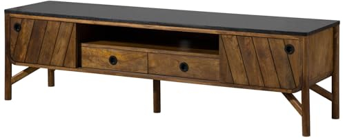 MASSIVMOEBEL24.DE | LOS Angeles TV-Board aus Massivholz #203 | aus Mangoholz - braun/schwarz geölt | 180x45x50 cm | 5 Fächer + 2 Schubladen | Schiebetüren | Lowboard mit schwarzer Granit Platte