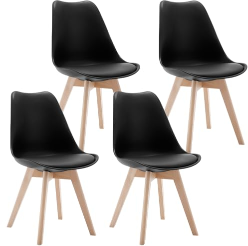 Lestarain Chaises Salle à Manger Lot de 4, Chaise de Cuisine, Chaise Scandinave, Chaise Ergonomique, Chaise Salon, Siège Rembourré, avec Dossier, Pieds en Bois Massif, Noir, LCNI121003-4