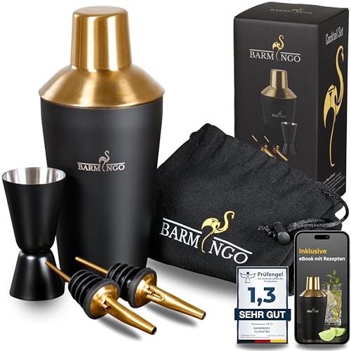 BARMINGO Shaker Cocktail Kit | 5 Pièces, Volume de 500 ml, Noir - Or | Shaker Cocktail Inox avec Accessoires de Bar | Set Barman Cocktail Shaker | Kit Cocktail Professionnel