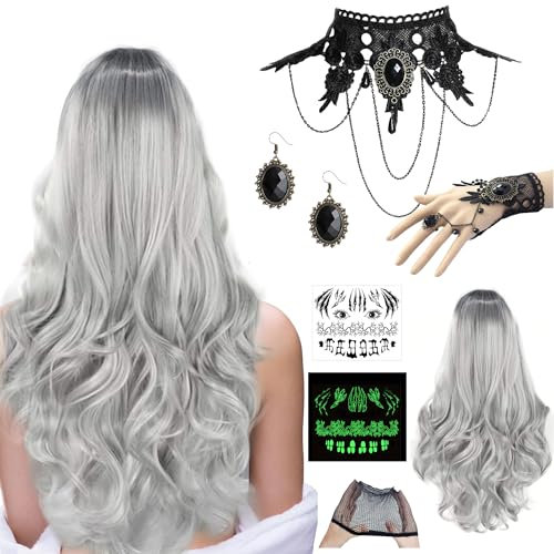 Perücke Halloween Damen, Perücke Frauen Kostüm Set, Grau Lange Wellte Lockige Haare mit Gotisch Halskette Lace Armbänder Ohrringe Aufkleber mit Haarnetz für Cosplay, Karneval und Themenpartys