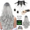 Perücke Halloween Damen, Perücke Frauen Kostüm Set, Grau Lange Wellte Lockige Haare mit Gotisch Halskette Lace Armbänder Ohrringe Aufkleber mit Haarnetz für Cosplay, Karneval und Themenpartys