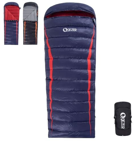 QEZER Down Sleeping Bag,Lightweight Rectangular Winter Sleeping Bag [1180g/1860g] for Adults and Kids 4 Season Camping, Hiking,Warehouse and Moutaineering Outdoor (Blue, 600g down)