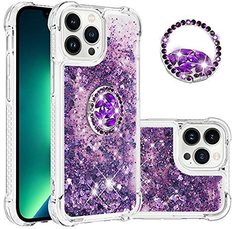 IMIRST Phone Case Compatible with iPhone 13 Pro Max (6.7'') Bling Liquid Glitter Diamond Ring Shell Shockproof Airbag Protective Cover Bumper Case for Apple iPhone 13 Pro Max. YBK Love Purple
