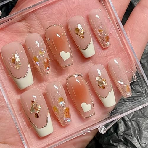 Pure Handmade French Tip Manicure Press on Nail 10pcs Reusable Fake Nails with Luxury Mirror Powder & Gold Foil – Nude Glossy Design for Weddings, Parties & Gifts Gift Box Packing Stick on(Q027 S)