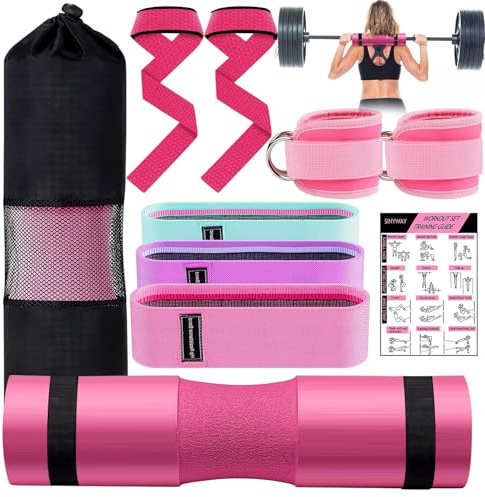Barbell Pad Set, 10 Pcs Barbell Squat Pad for Hip Thrusts, Lunges, Leg Day with 2 Gym Ankle Straps, 3 Hip Resistance Bands, 2 Lifting Strap, Barbell Pad and Carry Bag