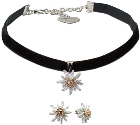 Alpenflüstern Ensemble de bijoux traditionnels - Collier ras-de-cou et boucles d'oreilles Greta Edelweiss - Pour femme - Ensemble de bijoux traditionnels - Collier traditionnel et boucles d'oreilles