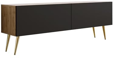 3E 3xE living.com TV-Schrank in Farbe Wotan-Eiche/Schwarz Matt, goldene Beine, A: B: 140 cm, H: 52 cm, T: 32 cm,