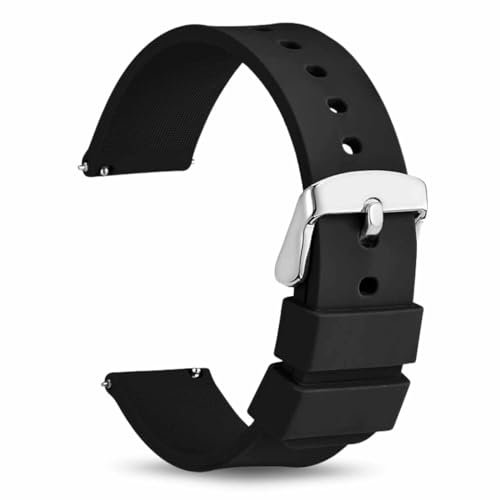 TECHZOCO Correa reloj silicona, Banda de Reloj de Silicona, Correa de Reloj Deportiva, Banda de Reloj Universal, Pulsera de Reloj Silicona, liberación rápida (Negro (Hebilla Plateada), 18 mm)