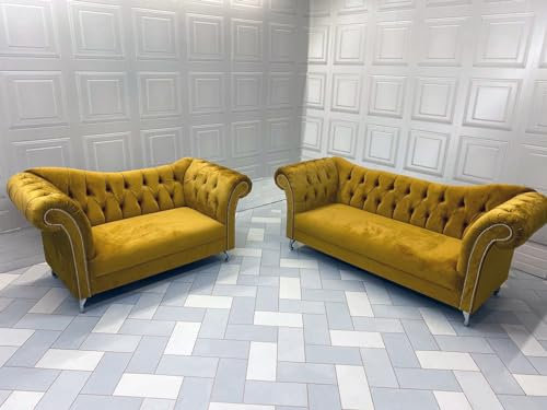 Luxuriöses Chesterfield Stella-Sofa-Set aus Stard-Samt, 3-Sitzer & 2-Sitzer mit silbernen Chrom-Beinen, elegantes Wohnzimmermöbel-Set mit Fußhocker