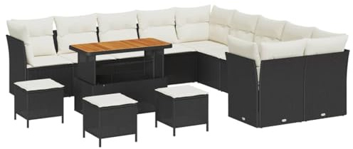 vidaXL 14-teiliges Gartenset mit Kissen in Schwarz aus Poly Rattan und Akazie – Perfekt für Terrassen und Balkone. Stylische Moderne Sitzgelegenheiten für die Terrasse oder den Patio zum Entspannen.