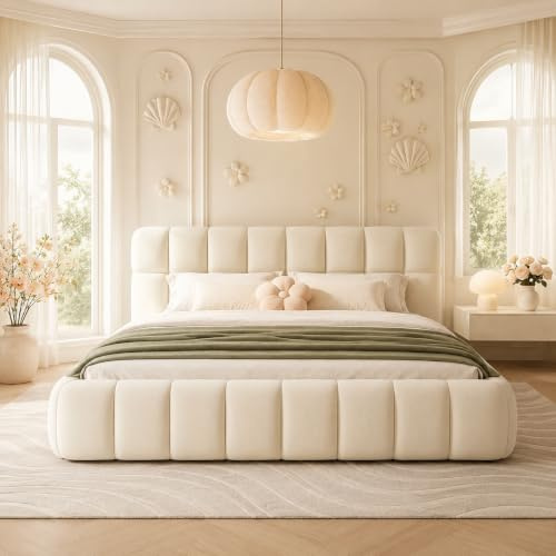 PRTECY Polsterbett Bubble Bett 140 x 200 cm Doppelbett mit Lattenrost und weicher Rückenlehne Flachbett Gästebett Jugendbett für Schlafzimmer und Gästezimmer(Ohne Matratze) (Beige, 140 x 200 cm)
