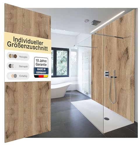 WALLando Premium Duschrückwand, individueller Größenzuschnitt PVC-Duschwand | Einfach zu montierende Wandverkleidung für Dusche & Bad – einfarbig & seidenmatt – Schwarzwaldeiche hell