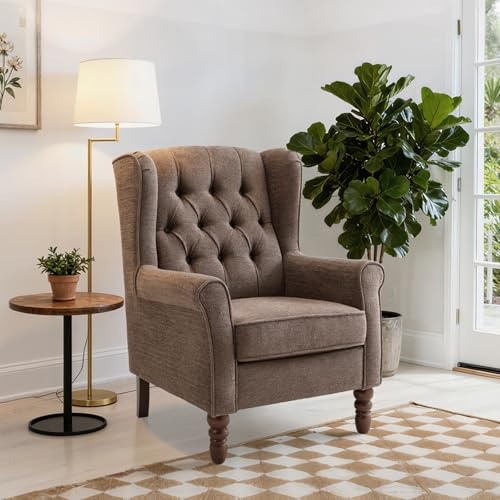 COLAMY Mid-Century Modern Living Room Accent Chair, Button Tufted Wingback with Thick Padded Seat, Upholstered Armchair, Fabric Sofa Arm Chair with Solid Wood Legs for Bedroom/Office/Café,Brown