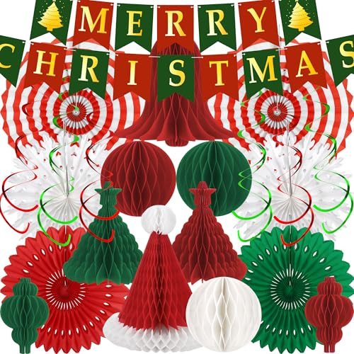 Fovths 22 Stück Weinachtsfeier Deko, Papier Merry Christmas Deko, Waben Deko Weihnachten, Frohe Weihnachten Dekorations mit Banner Weihnachtsbaum Komlettset für Weihnachtparty weihnachtsfeier