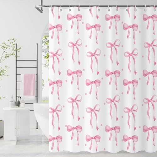 GCIREC Duschvorhang, 180x220cm, Rosa Süße ästhetische Schleifen Wasserdichter Stoff Maschinenwaschbarer Badezimmervorhang mit Haken