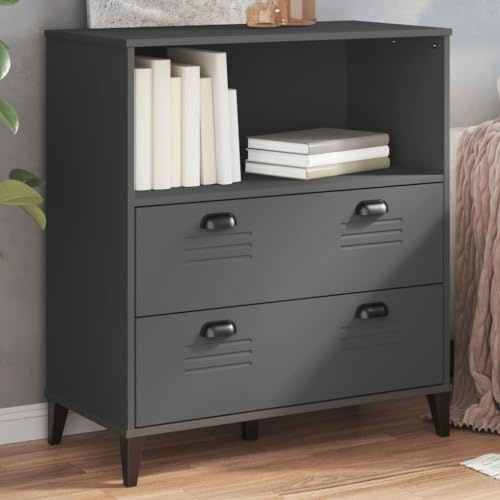 GeenYuu VIKEN Anthracite Grey Bookcase, Engineered Wood Storage Shelf with 2 Drawers, Modern Industrial Bookshelf for Living Room, 80x40x90 cm