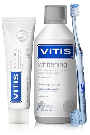 VITIS Whitening 2-in-1 Zahnpflege-Set – Whitening Zahnpasta & Mundspülung + Gingival Zahnbürste – tägliche Mundpflege