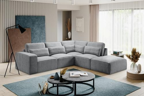 möbelando freiraum Lux Graues 3-Sitzer-Ecksofa – Modernes Sofa mit Kaltschaum-Polsterung, FSC-Massivholz, 305 cm Breite, pflegeleichter Webstoff, max. 600 kg Belastbarkeit
