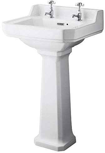 MILANO White Full Pedestal 2 Tap Hole Bathroom Basin Sink 500 x 350mm