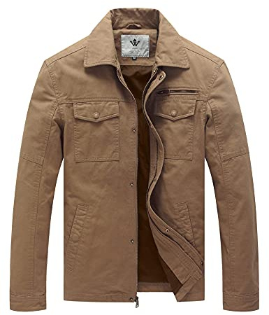 WenVen Men's Fall Multi Pocket Coat Field Jacket (Khaki,2XL)