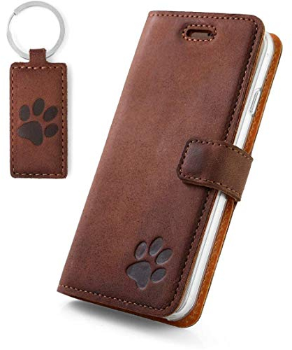 SURAZO Handyhülle für Apple iPhone 5 5s SE 1 Generation 2016 – Premium Echtleder Hülle mit Pfote Motiv – Klapphülle mit Standfunktion & 2 Kartenfächern - Handmade RFID Schutzhülle (Nussbraun)