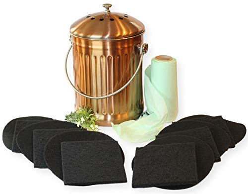 Gardenatomy Cubo de compostaje de Cocina para encimera, Cubo Decorativo Grande de Cobre de 1.3 galones para desechos, para Interiores, Incluye filtros y Bolsas de Suministro de 1 año