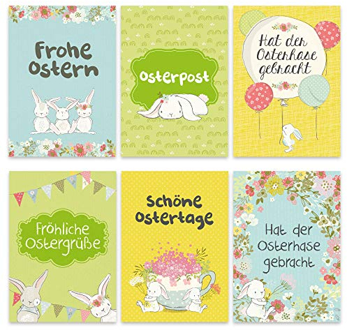 Papierdrachen 12 Osterkarten zum Sammeln und Verschicken - liebevoll gestaltetes Postkarten Set Osterhasen auf gelb, grün, blau - Grußkarten Set 3