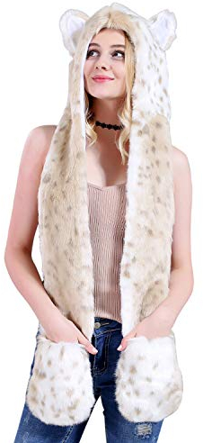 Petalum Damen Winter Warm Mütze Schal Handschuhe Set Kapuzen Handschuhe Warm Kapuzenschal Plüsch Tiere Bär Panda Wolf Paws Ohren Fellmütze