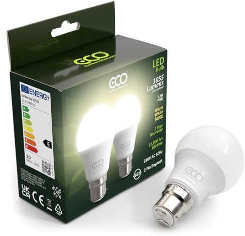 ECO 2 pin B22 Bayonet Light Bulbs, Energy Saving 9.5W LED, 1055 Lumens, 75W Equivalent, Soft Warm White (3000K), 15,000Hrs Lifetime. 2X Pack - Pack of 2 LED Light Bulbs.