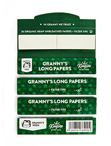 4x Granny's® new Organic Long Papers aus ACHTUNG EXTRA Slim | mit Filtertips aus Baumwolle | 110 x 36 mm | King Size | 36 Blatt & Tips ungebleicht | Sticky Papers & Tips