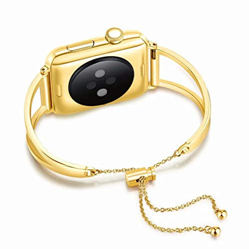 Compatible with Apple Watch Strap 40MM 38MM Metal Women, Stainless Steel Metal Link Bracelet with Push-Button Smartwatch Replacement Wristband Bangle Compatible for iWatch Series 6/SE/5/4/3/2/1, Gold