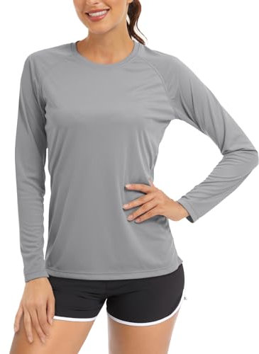 TACVASEN Camisetas de Protección Solar Mujeres Top de Corriendo UPF 50 Camisetas UV Tops de Gimnasio Entrenamiento Al Aire Libre Camiseta Senderismo Jersey de Ciclismo Gris Claro