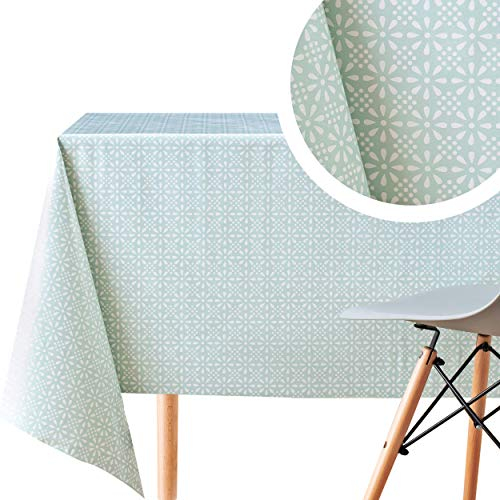 KP HOME Abwischbare PVC Tischdecke Rechteckig 300 x 140 cm, Wasserdichtes Kunststoff Wachstuch, Esstischdecke, Pflegeleicht, Für bis zu 10 Persons, Weich Mintgrün mit Geometrischem Retro-Blumenmuster