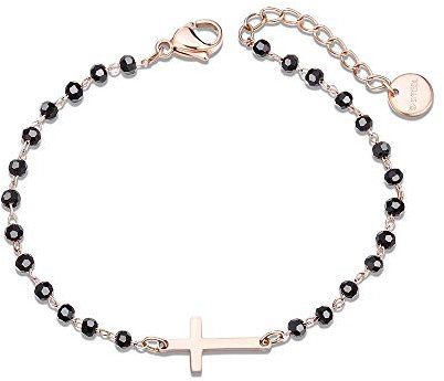 Bracciale con croce per donna, bracciale da polso in cristallo nero con ciondolo a catena in acciaio inossidabile placcato oro rosa e argento (Oro rosa)