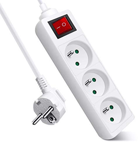 Extrastar Multiprise 3 Prises avec Interrupteur, 2P + T, Bloc 3 Prises avec sécurité Enfant, Extension d'alimentation de 1.5 Mètre, 16A 230 V, Blanc