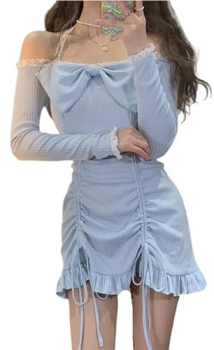 Mfacl Robes d'été Cute Lolita Robe Jupe pour Femmes Casual 2021 Kawaii Fairy Vêtements à Manches Longues Mini Robe de ménage Lolita Harajuku (Color : As Shown, Size : S)