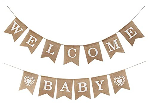 Aabellay Willkommen Baby Banner Leinen Welcome Baby Girlande Sackleinen Jute Stoff Wimpelkette Flaggen Rustikal Leinen Buchstaben Bunting Fahnen mit 13Stk Wimpeln für Zuhause Empfang Babyparty
